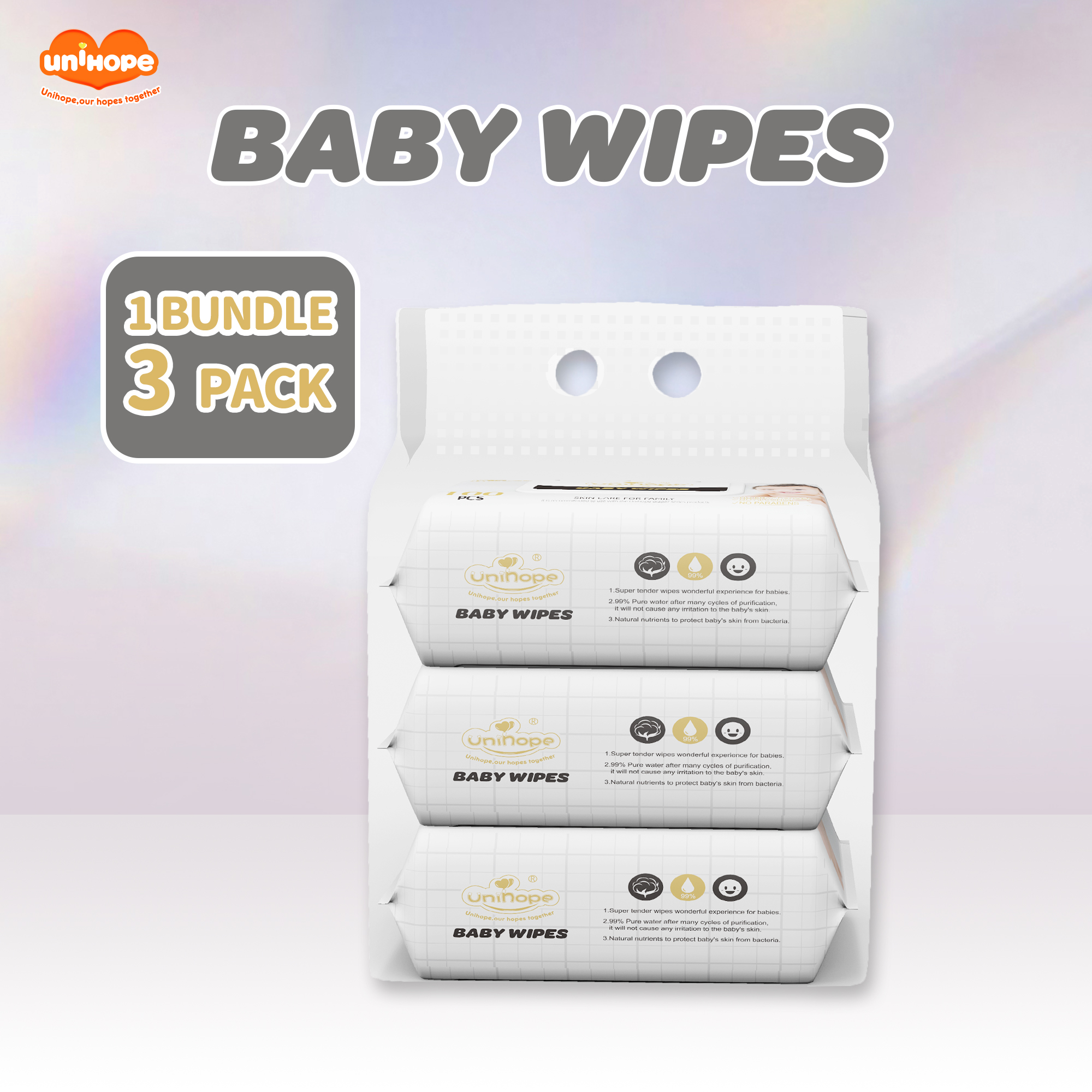 Unihope Natural Pro Super Premium Baby Water Wipes (100 Wipes x 3 Packs)