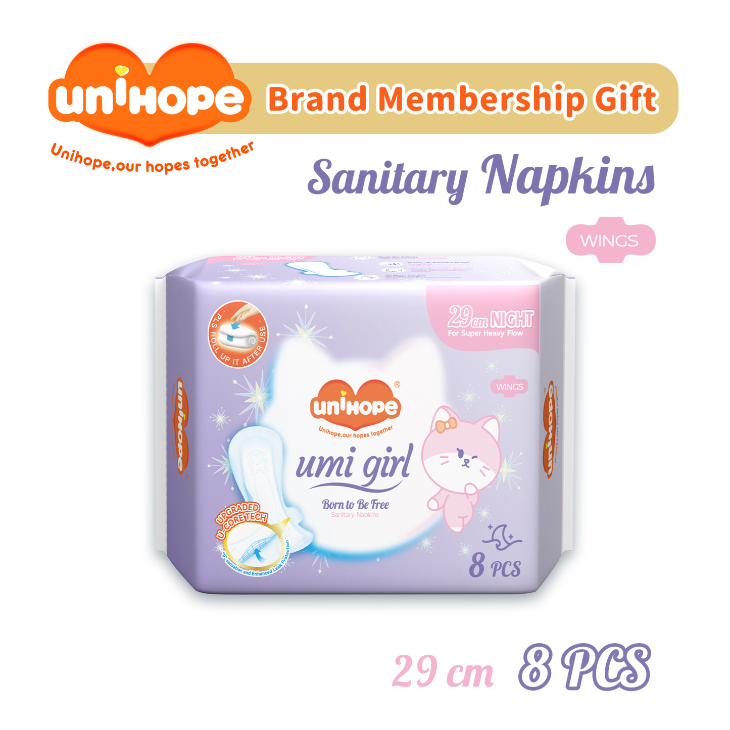 (290mm x 8pcs) Unihope Umi Girl Sanitary Pad Liner Panty Liner Day and Night 29cm Pads