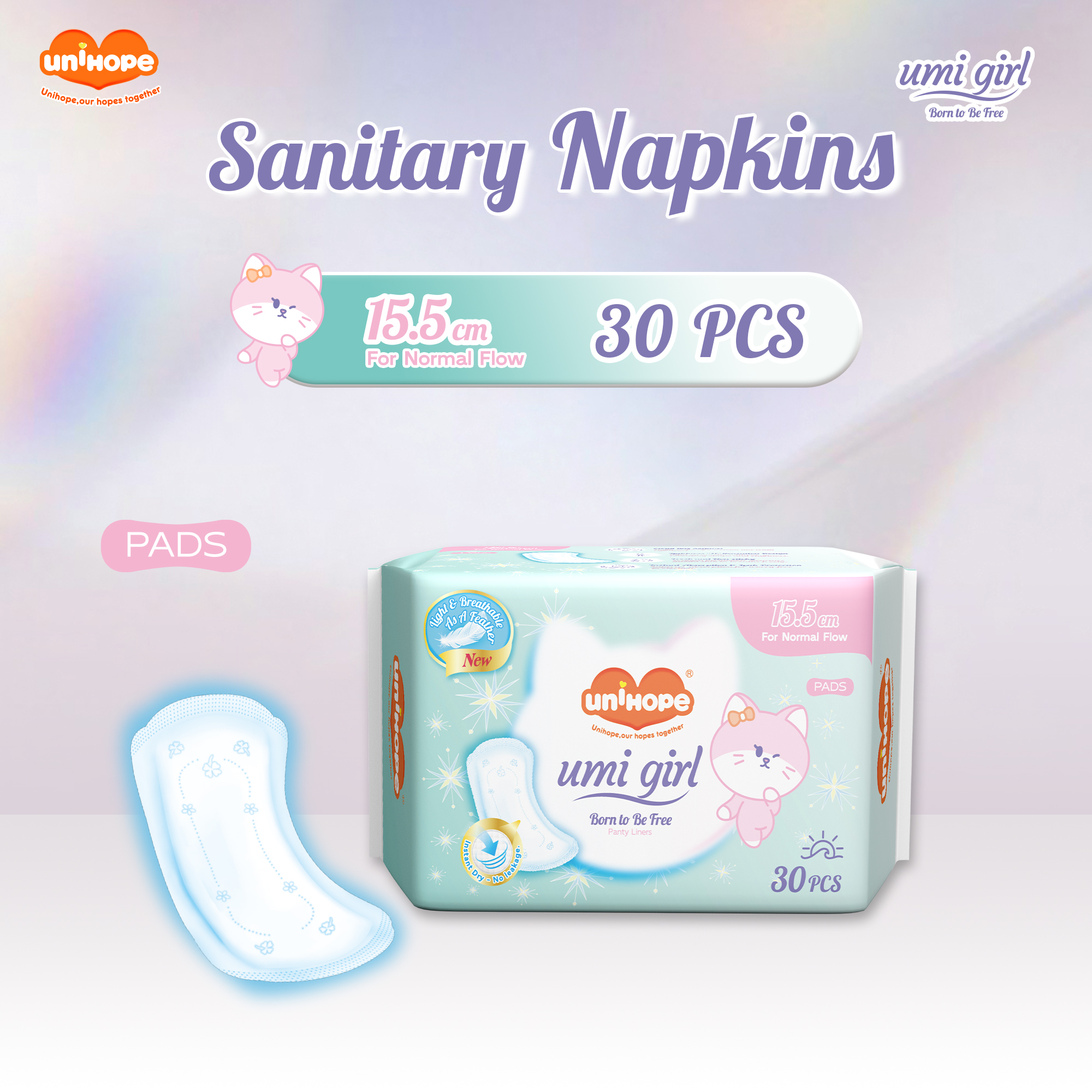(155mm×30pcs) Unihope Umi Girl Sanitary Pad Liner Panty Liner Day and Night 15.5cm Pads