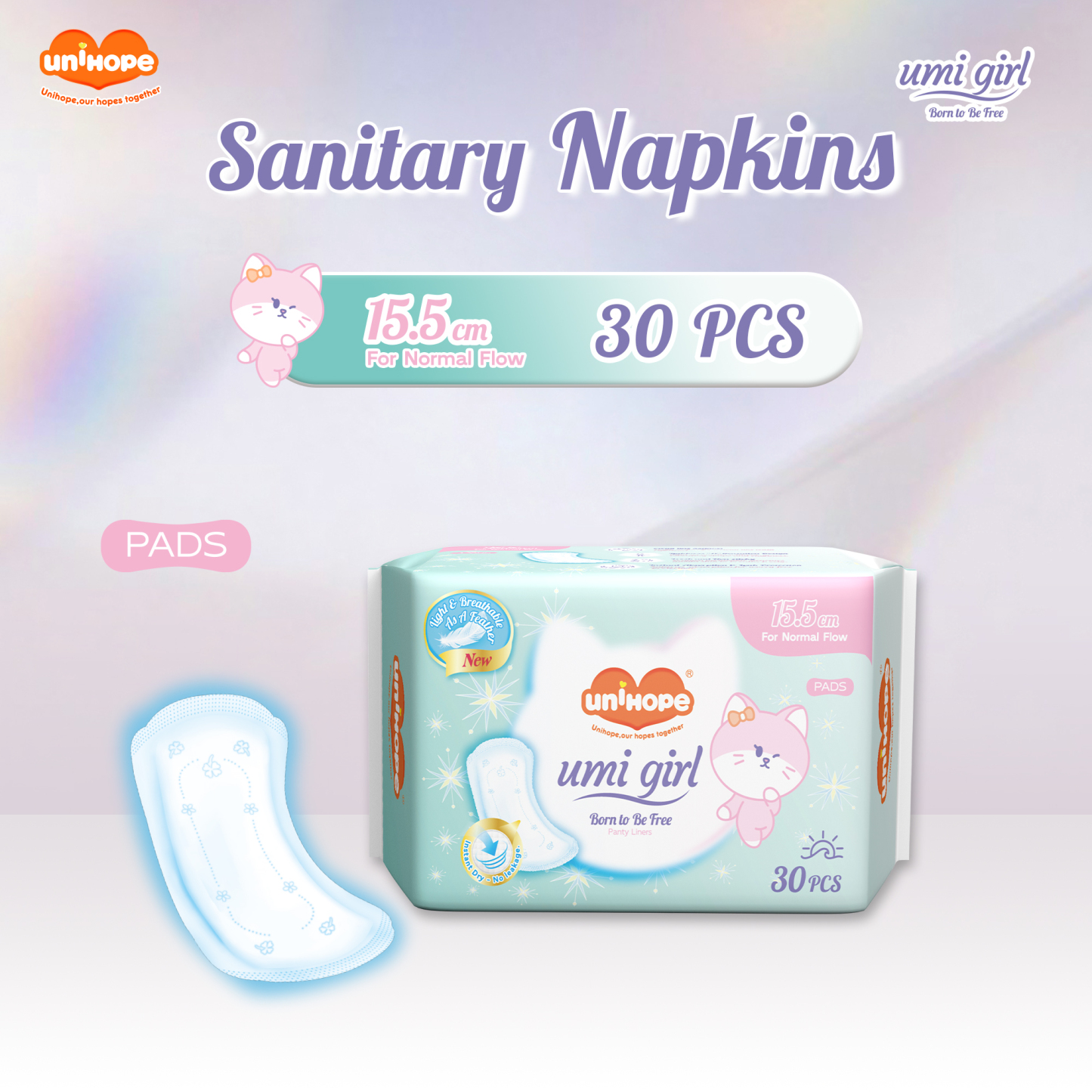 (155mm×30pcs) Unihope Umi Girl Sanitary Pad Liner Panty Liner Day and Night 15.5cm Pads