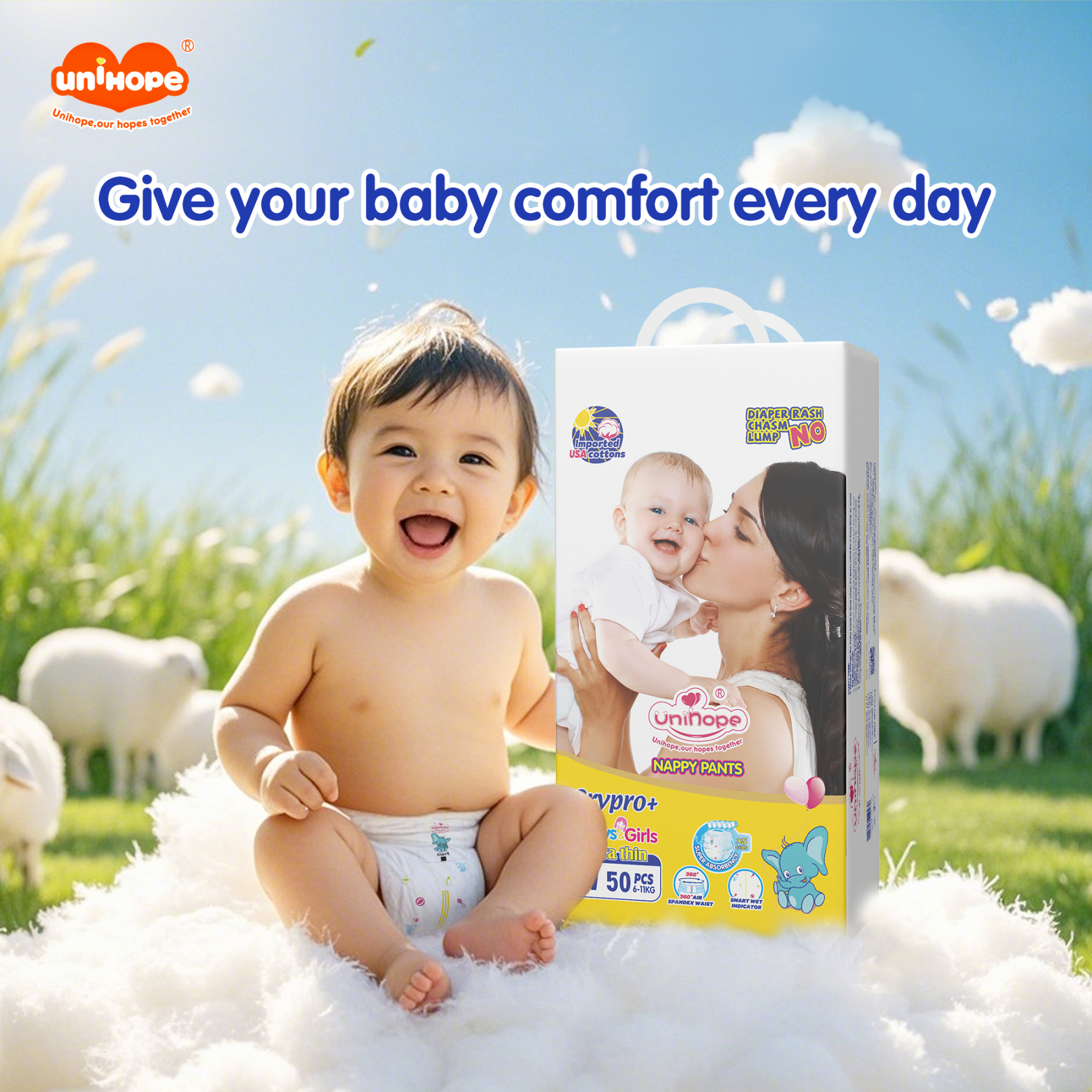 Unihope Dry Pro + Baby Diapers Pants Premium Natural Cottons - M 50/L 50/XL 50/XXL 50 (1 Packs)
