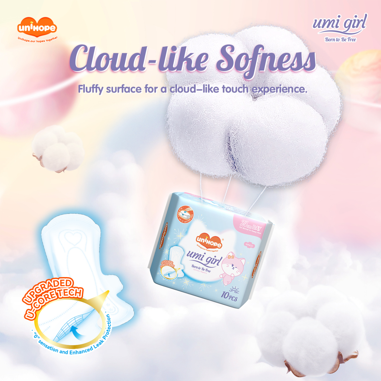 (240mm×10pcs) Unihope Umi Girl Sanitary Pad Liner Panty Liner Day and Night 24cm Pads
