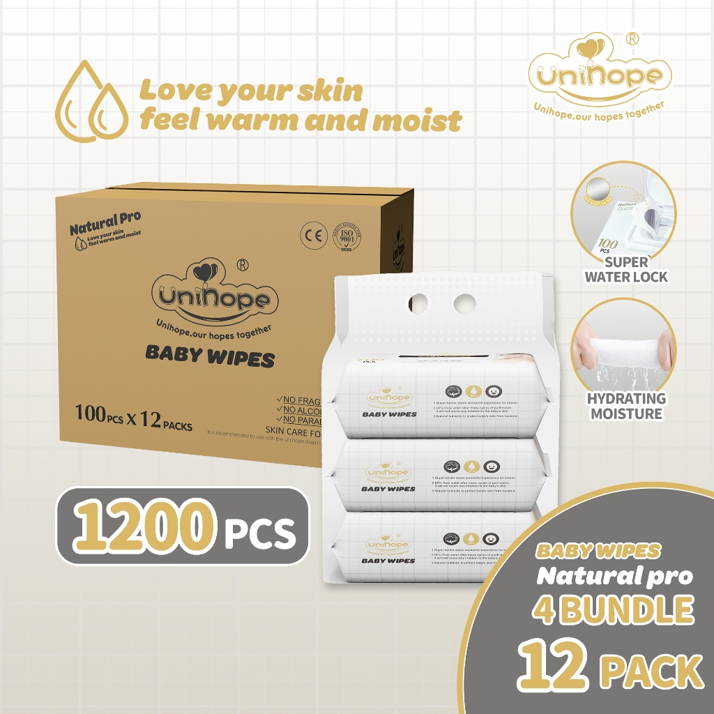Unihope Natural Pro Super Premium Baby Water Wipes (100 Wipes x 12 Packs)