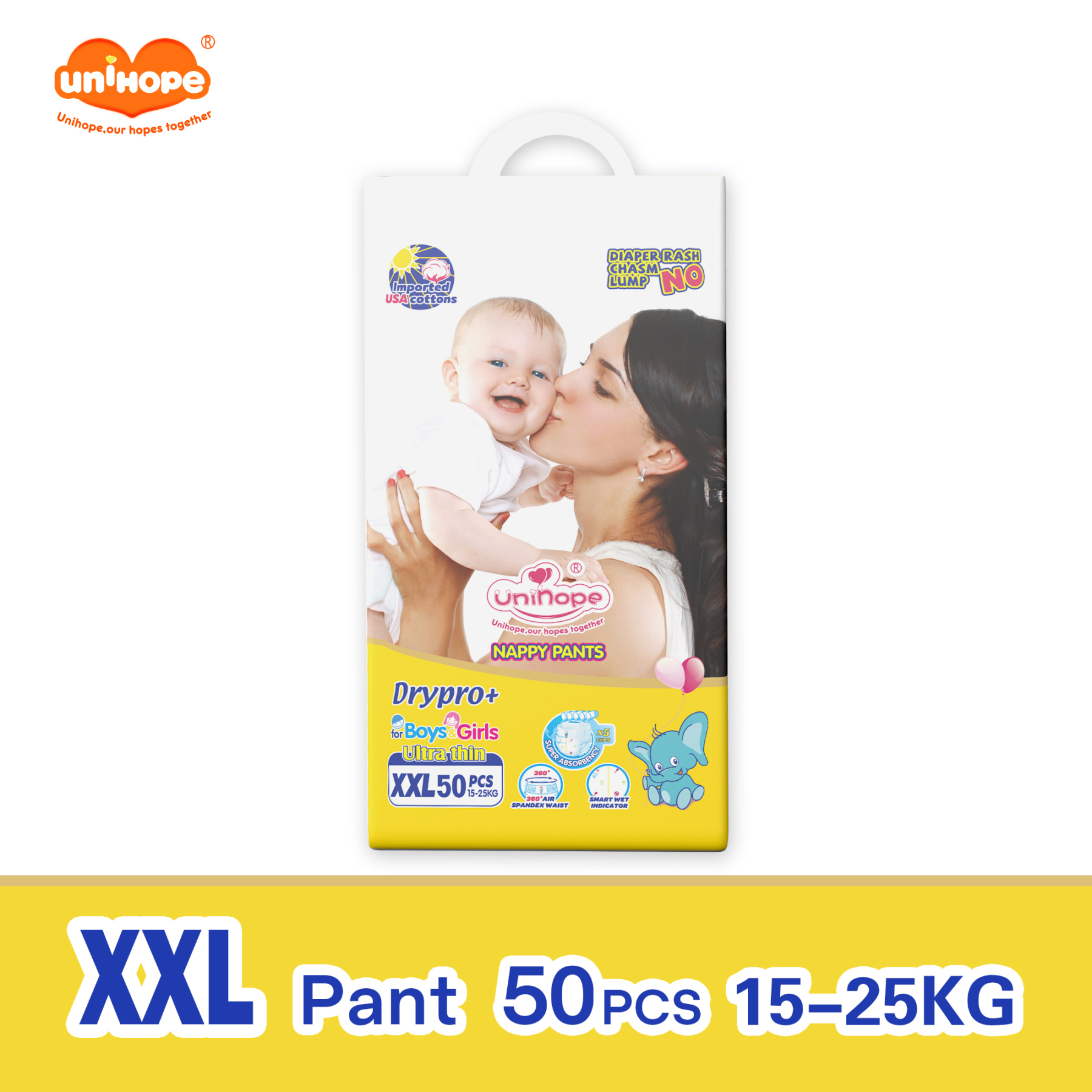 Unihope Dry Pro + Baby Diapers Pants Premium Natural Cottons - M 50/L 50/XL 50/XXL 50 (1 Packs)