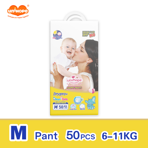 Unihope Dry Pro + Baby Diapers Pants Premium Natural Cottons - M 50/L 50/XL 50/XXL 50 (1 Packs)