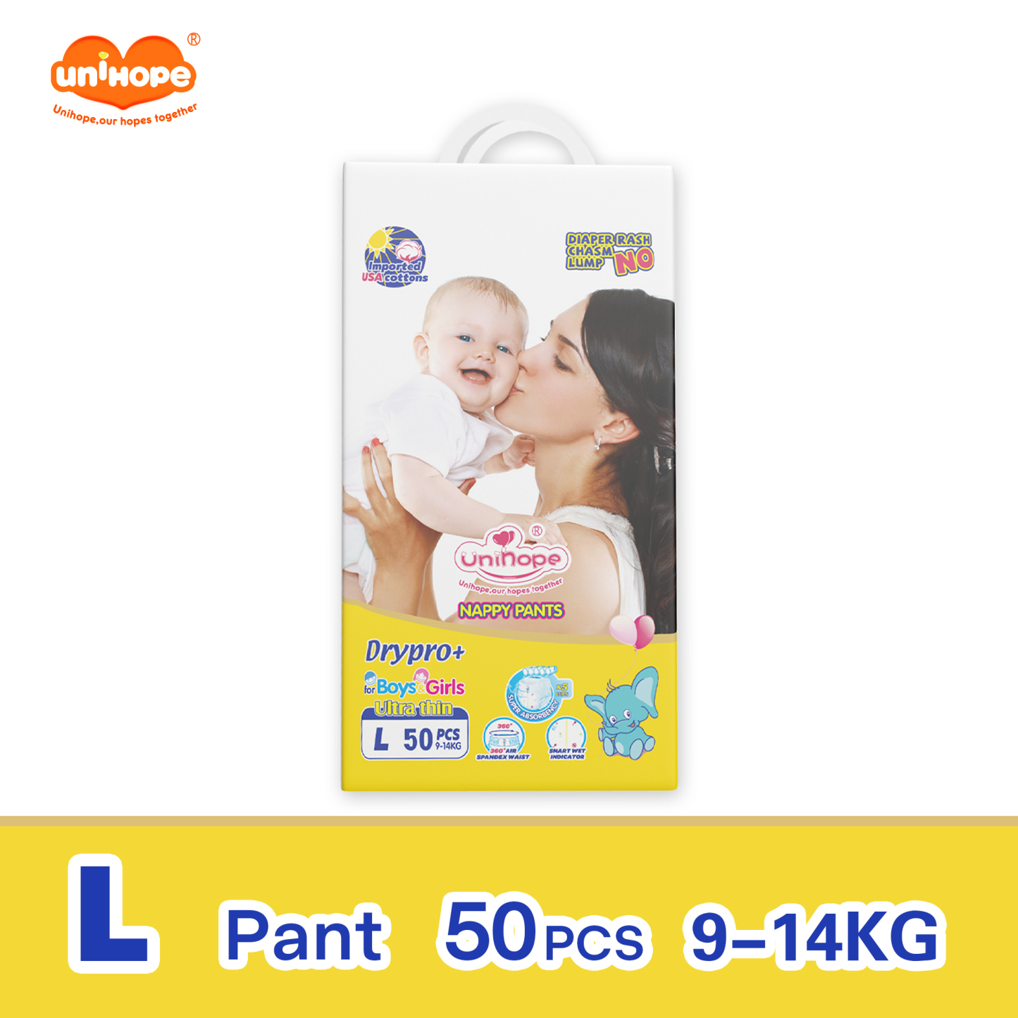Unihope Dry Pro + Baby Diapers Pants Premium Natural Cottons - M 50/L 50/XL 50/XXL 50 (1 Packs)