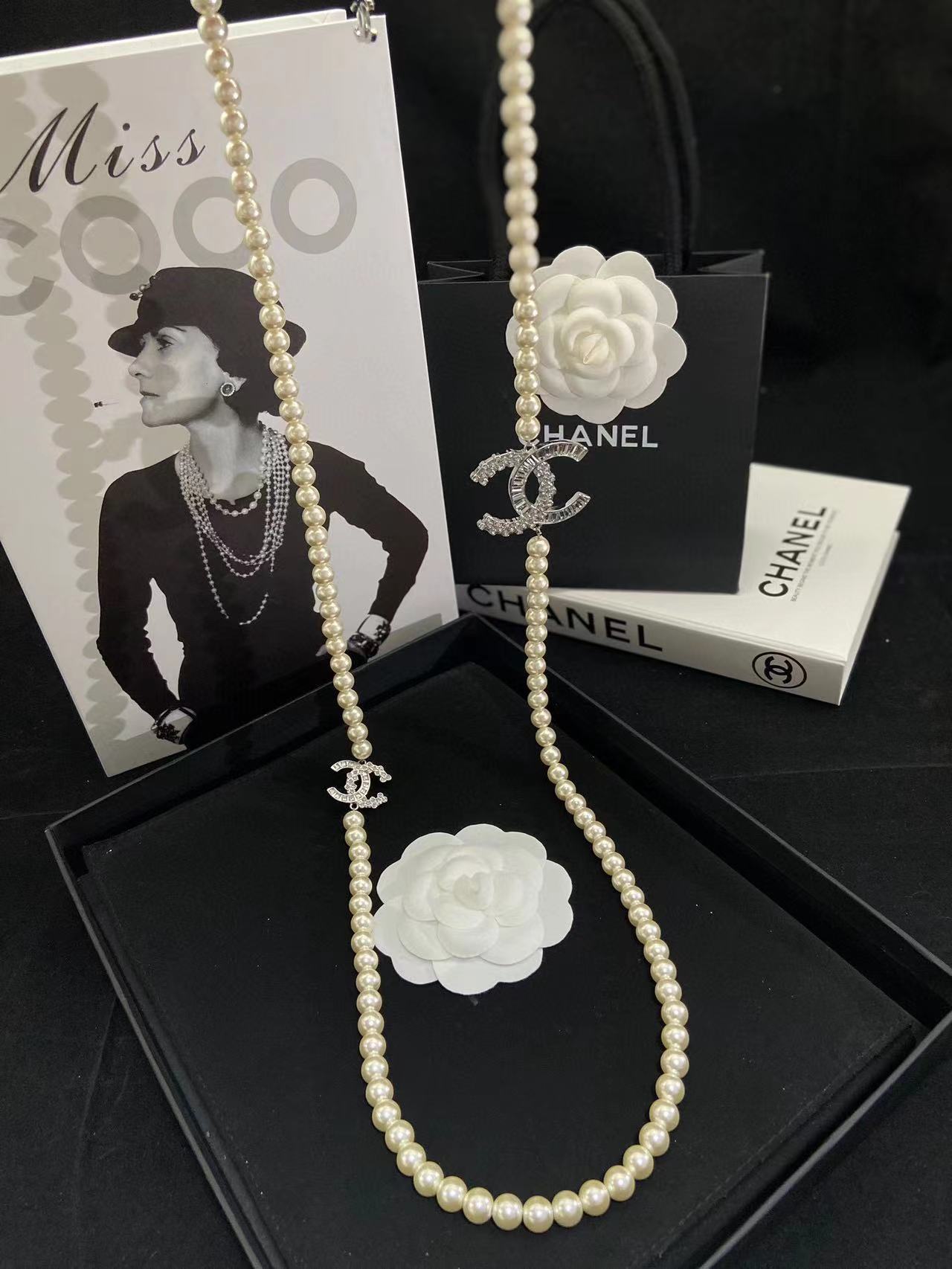 CHANE1 ダブル C スクエア ダイヤモンド パール セーター ネックレス【50％割引+送料無料】