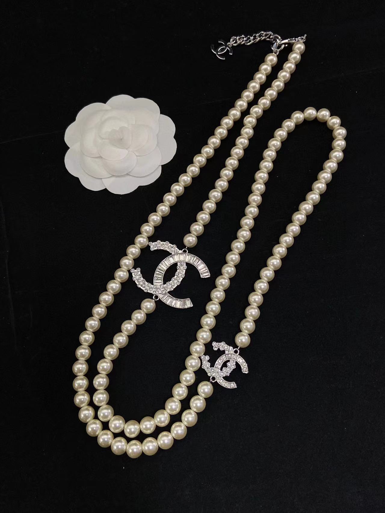 CHANE1 ダブル C スクエア ダイヤモンド パール セーター ネックレス【50％割引+送料無料】
