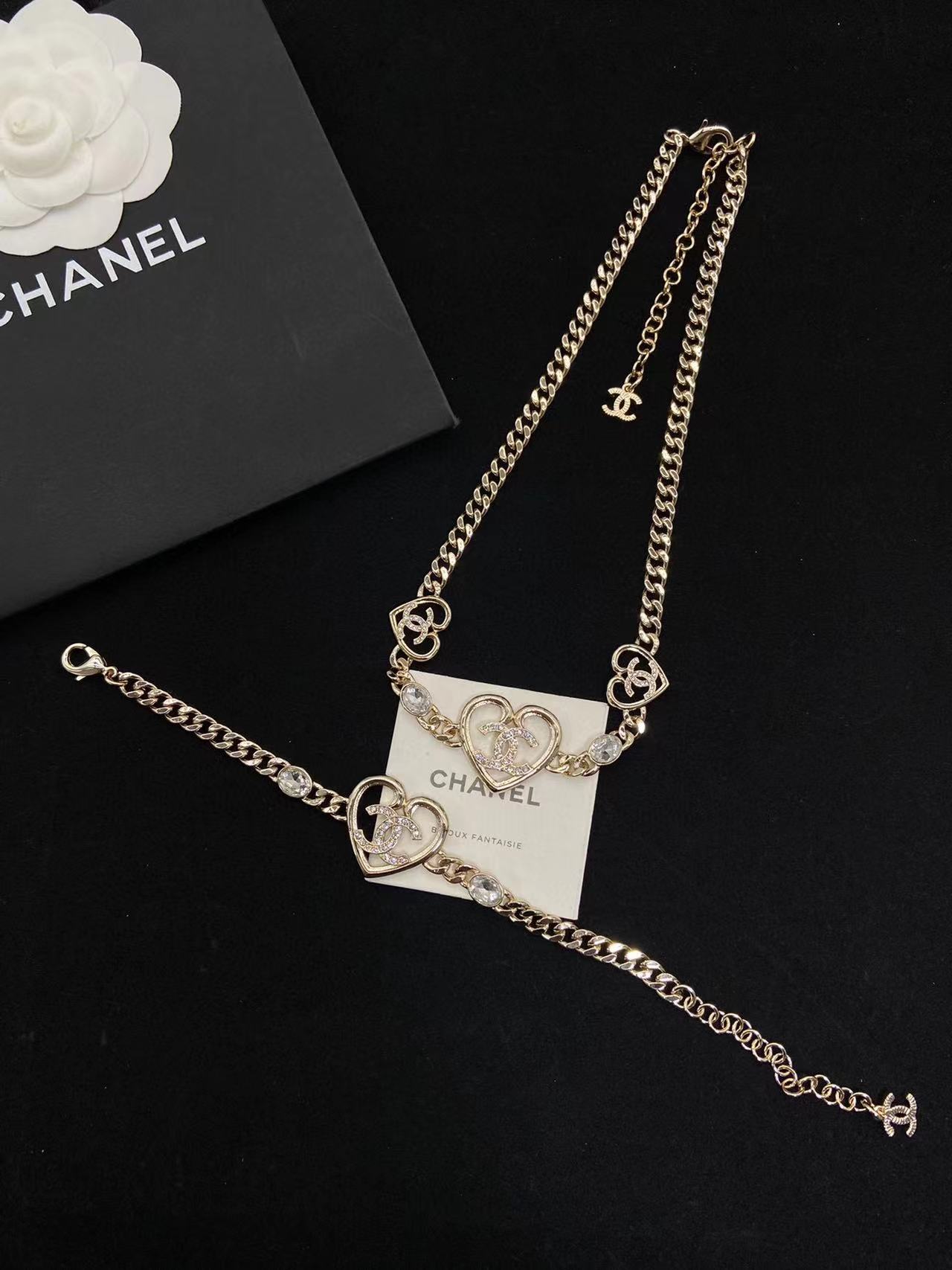 CHANE1 ハートセット ダイヤモンド ブレスレット+ネックレス 2点セット【50％割引+送料無料】