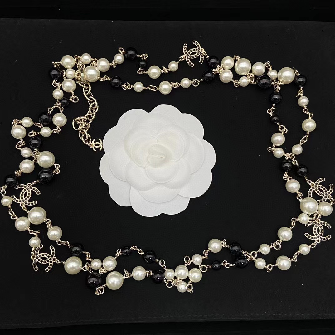 CHANE1 ダブル C 白黒パール セーター チェーン【50％割引+送料無料】