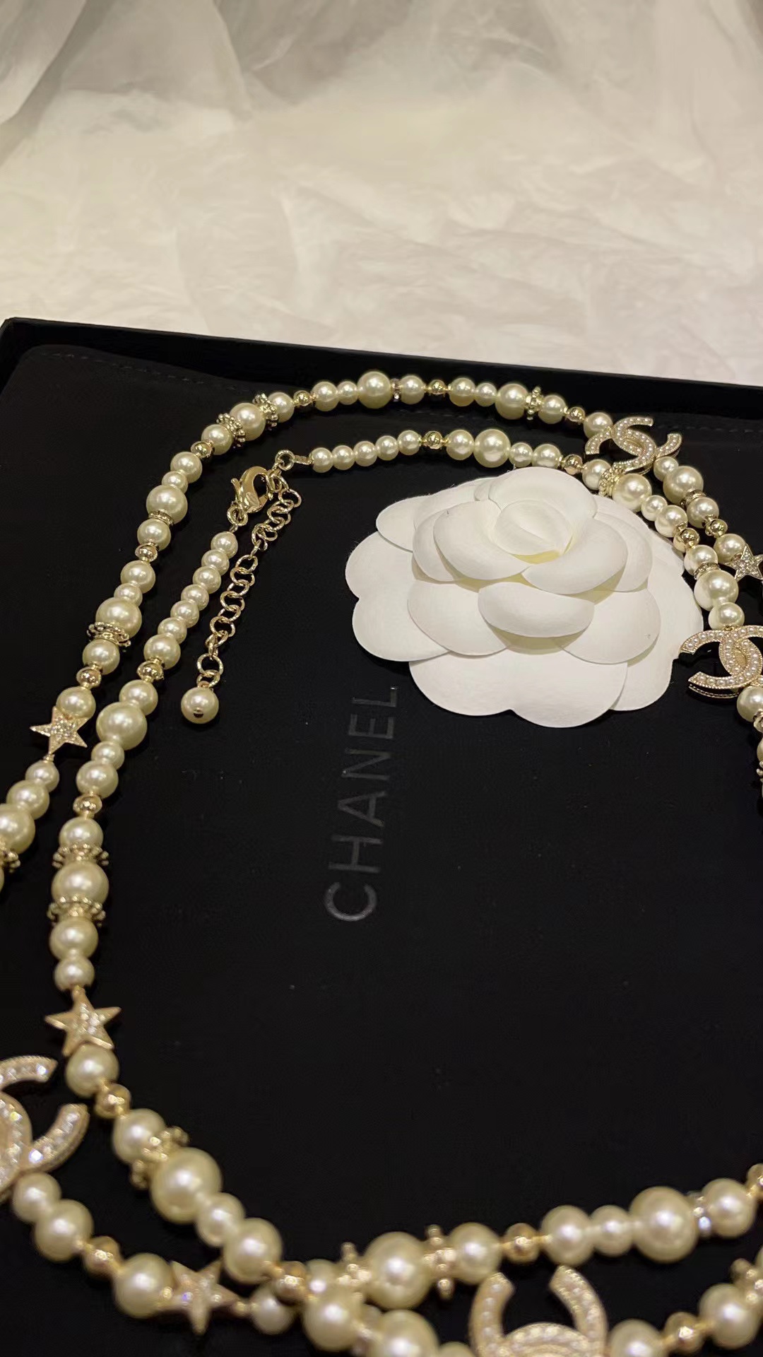 CHANE1 23A フルダイヤモンドスター ダブルCパールセーターチェーン【50％割引+送料無料】