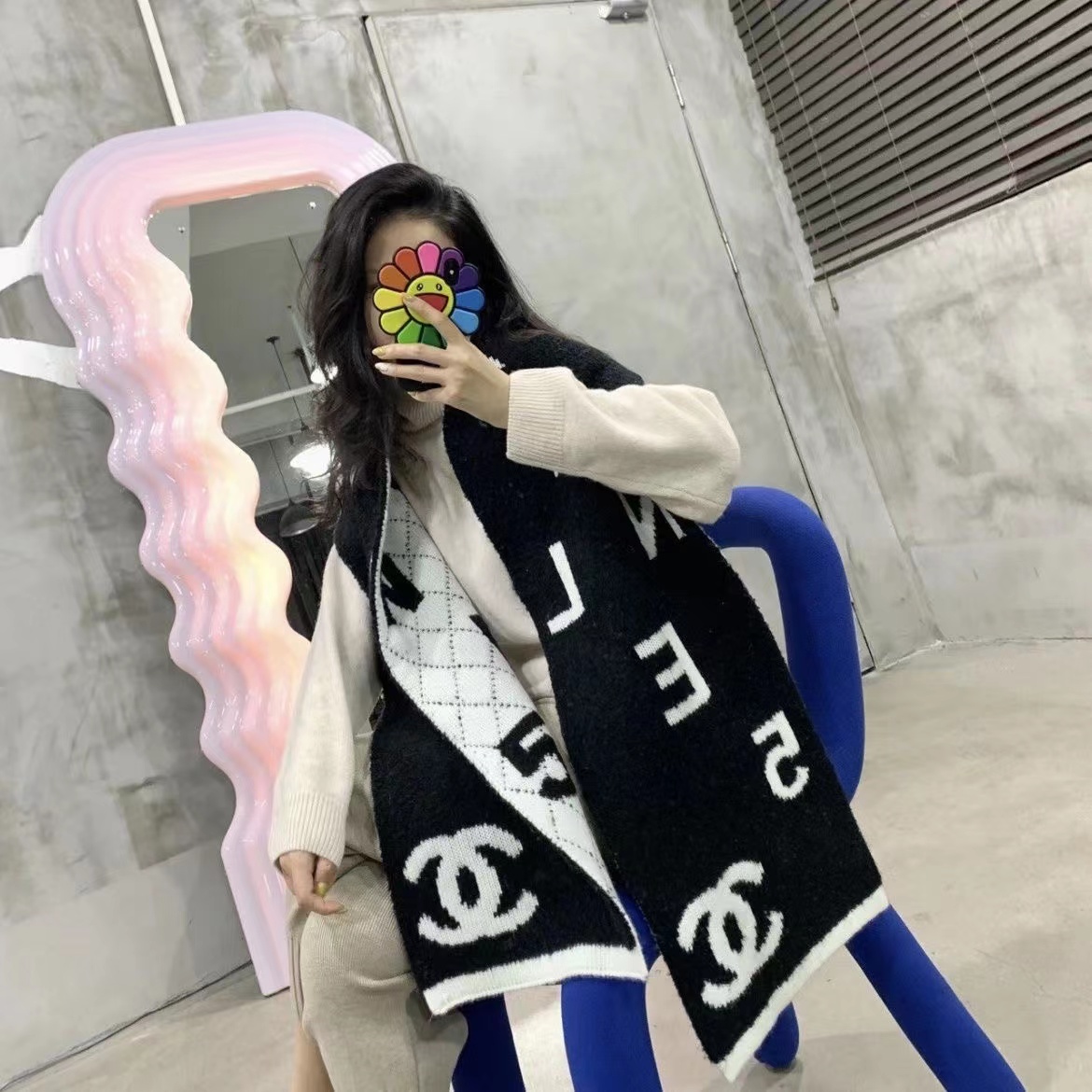 CHANE1 大きめロゴ両面カシミヤマフラー【50％割引+送料無料】