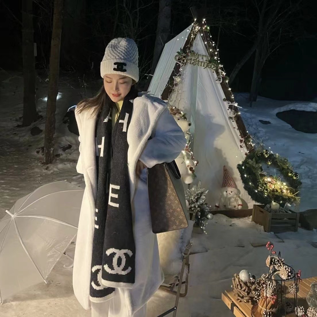 CHANE1 大きめロゴ両面カシミヤマフラー【50％割引+送料無料】