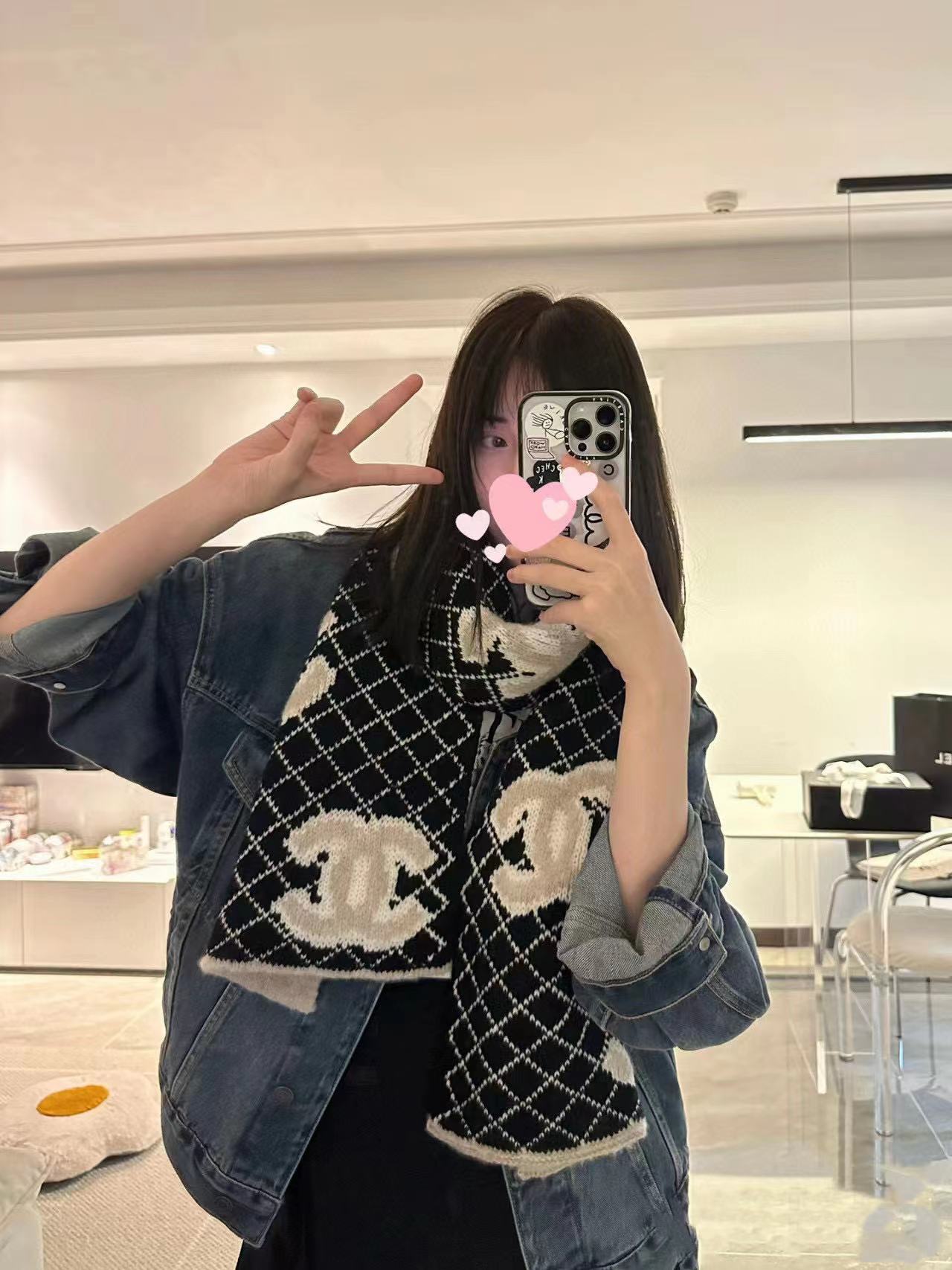 CHANE1 カシミア ダブル C チェック柄スカーフ【50％割引+送料無料】