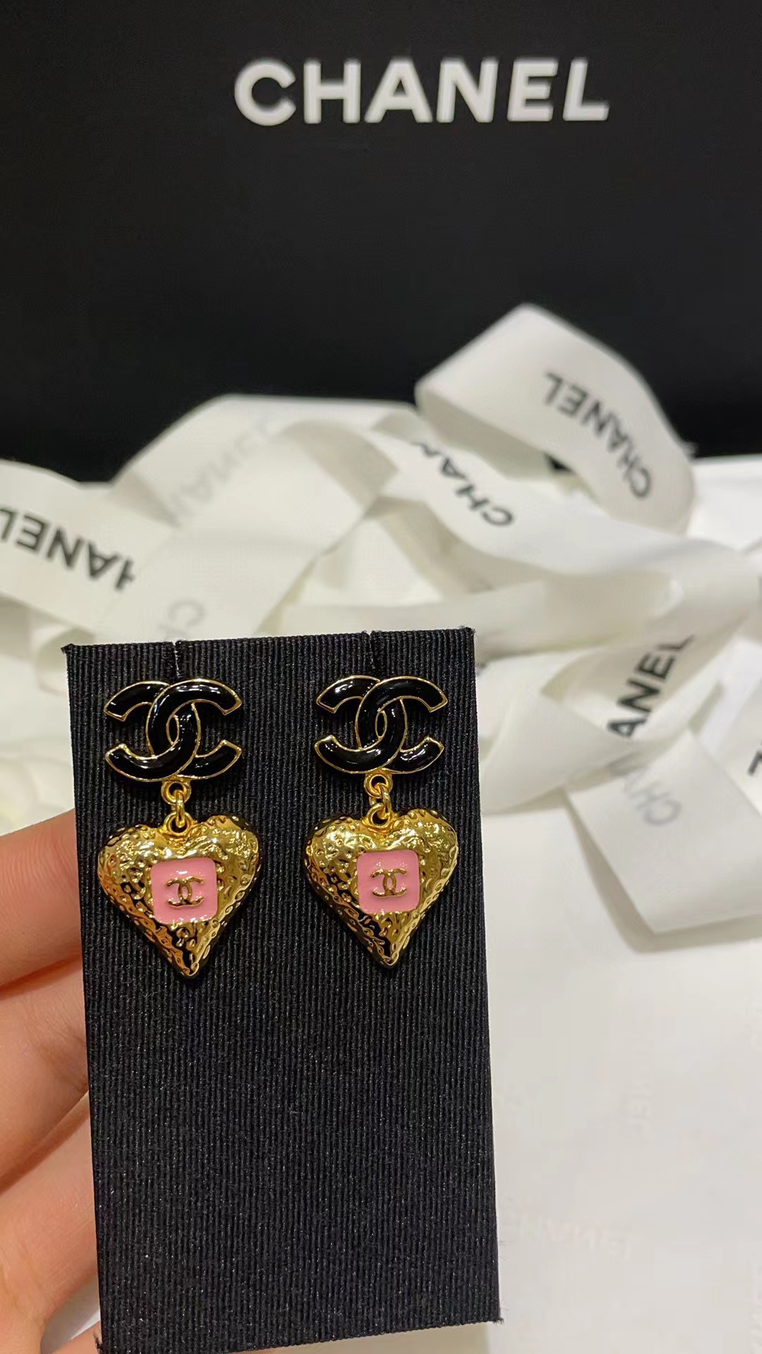 CHANE1 23K ピーチ ハート ダブル C エナメル イヤリング【50％割引+送料無料】