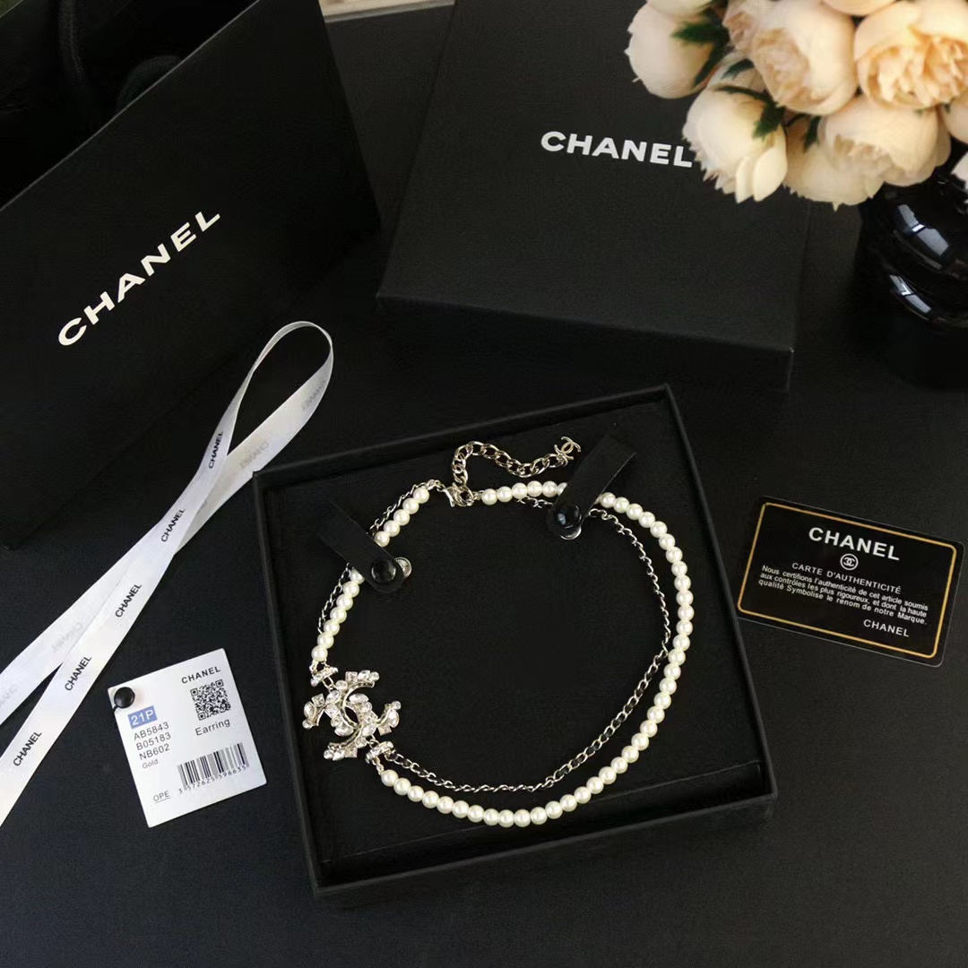 CHANE1 ダブルC フルダイヤモンド二層パールネックレス【50％割引+送料無料】