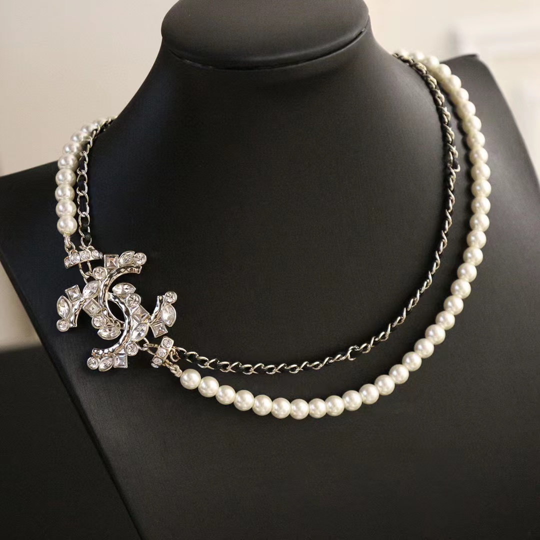 CHANE1 ダブルC フルダイヤモンド二層パールネックレス【50％割引+送料無料】