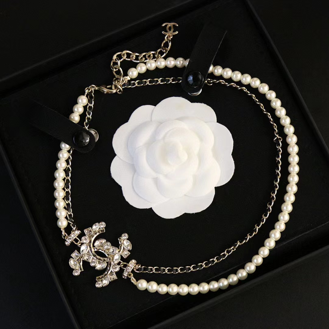 CHANE1 ダブルC フルダイヤモンド二層パールネックレス【50％割引+送料無料】