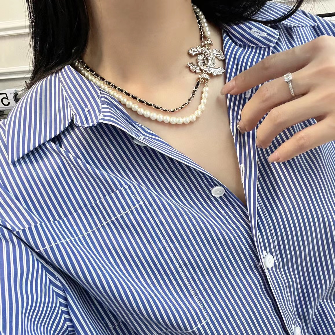 CHANE1 ダブルC フルダイヤモンド二層パールネックレス【50％割引+送料無料】