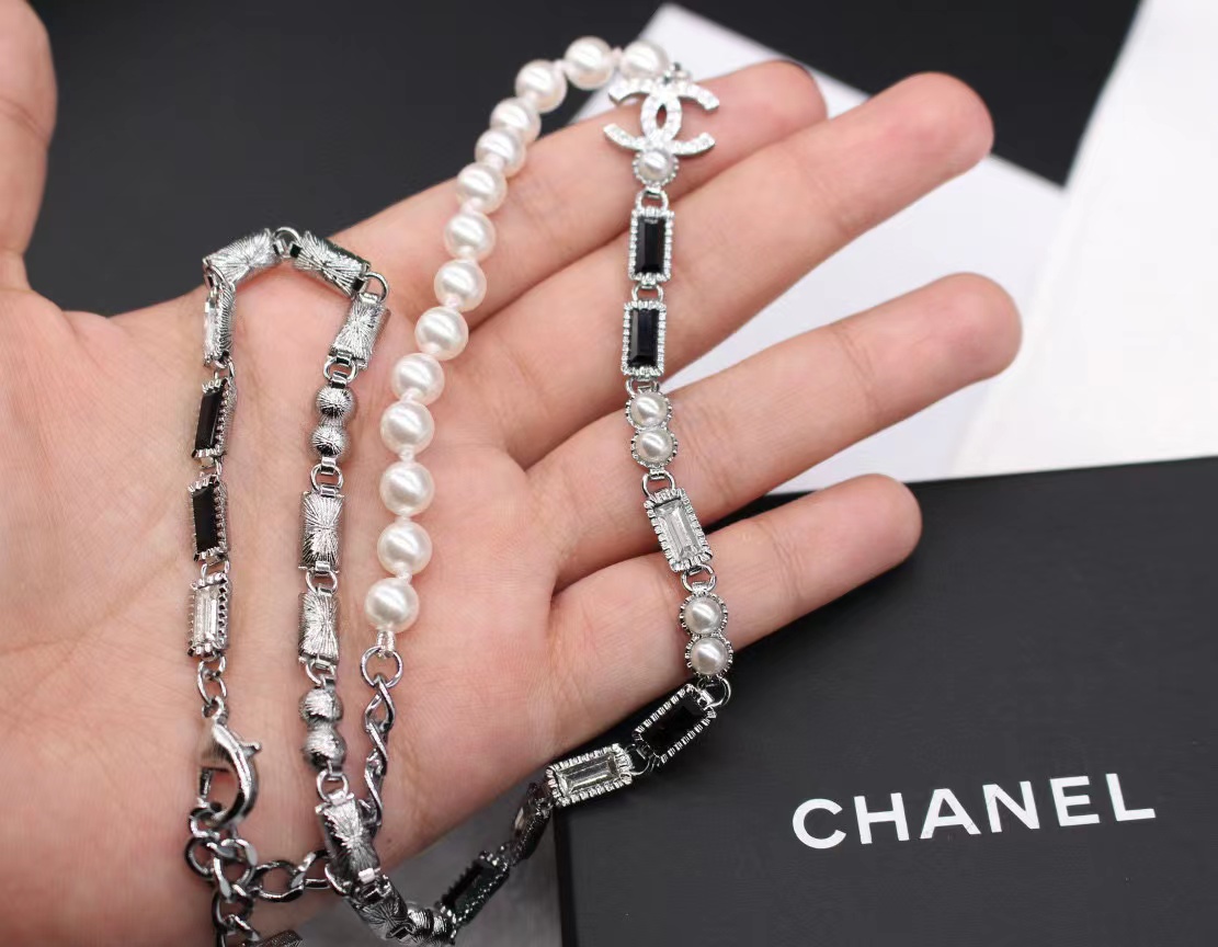 CHANE1 ダブルC スクエア ダイヤモンド パール ネックレス【50％割引+送料無料】