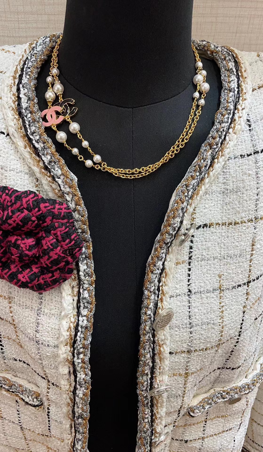 CHANE1 ピンク エナメル ダブル C パール ネックレス【50％割引+送料無料】