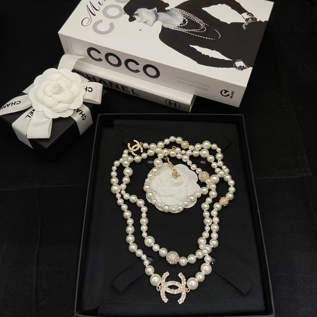 CHANE1 フルダイヤモンド ダブル C ボール パール セーター チェーン【50％割引+送料無料】