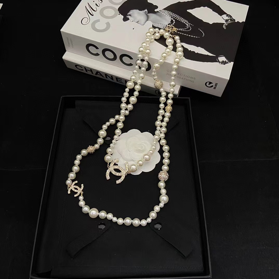 CHANE1 フルダイヤモンド ダブル C ボール パール セーター チェーン【50％割引+送料無料】