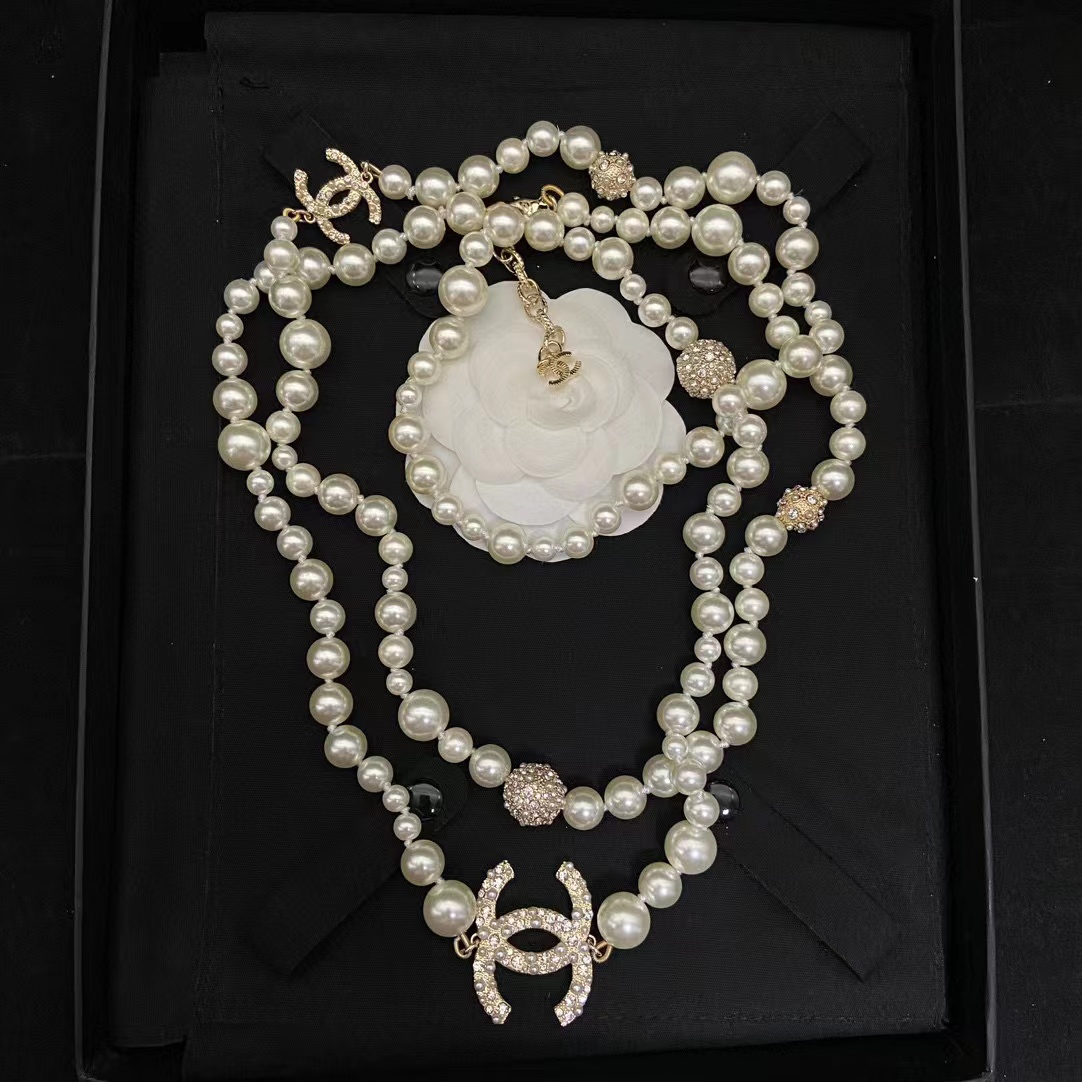 CHANE1 フルダイヤモンド ダブル C ボール パール セーター チェーン【50％割引+送料無料】