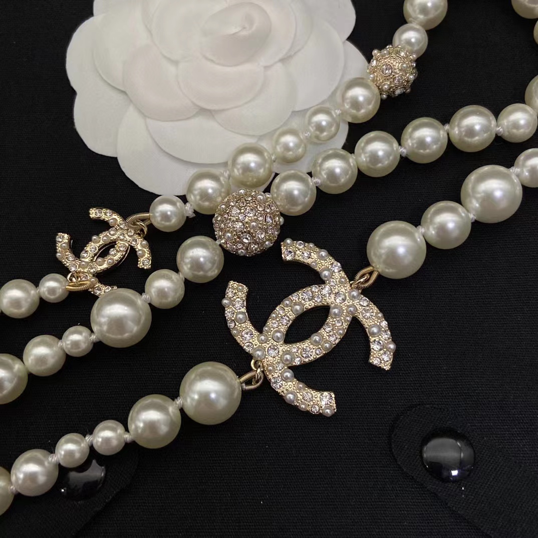 CHANE1 フルダイヤモンド ダブル C ボール パール セーター チェーン【50％割引+送料無料】