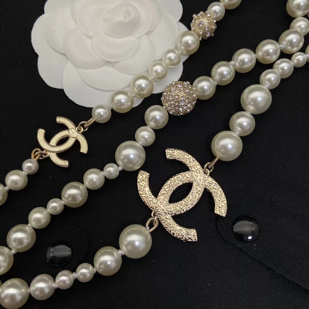 CHANE1 フルダイヤモンド ダブル C ボール パール セーター チェーン【50％割引+送料無料】