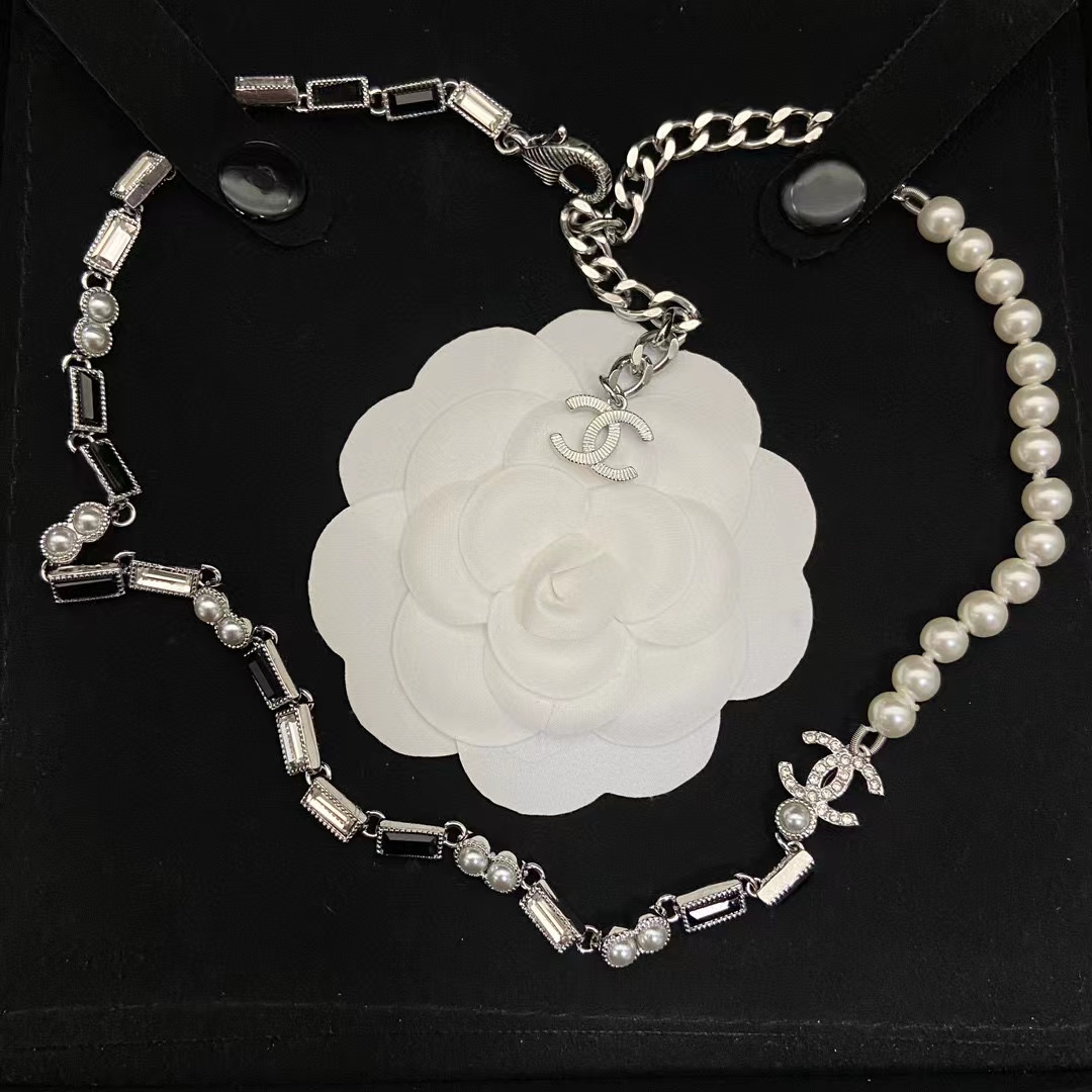 CHANE1 白黒スクエアダイヤモンドダブルCステッチパールネックレス【50％割引+送料無料】