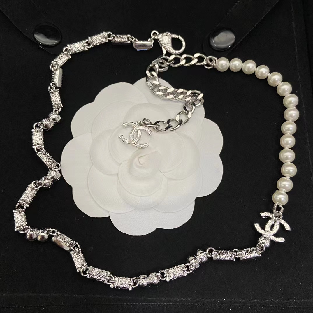 CHANE1 白黒スクエアダイヤモンドダブルCステッチパールネックレス【50％割引+送料無料】