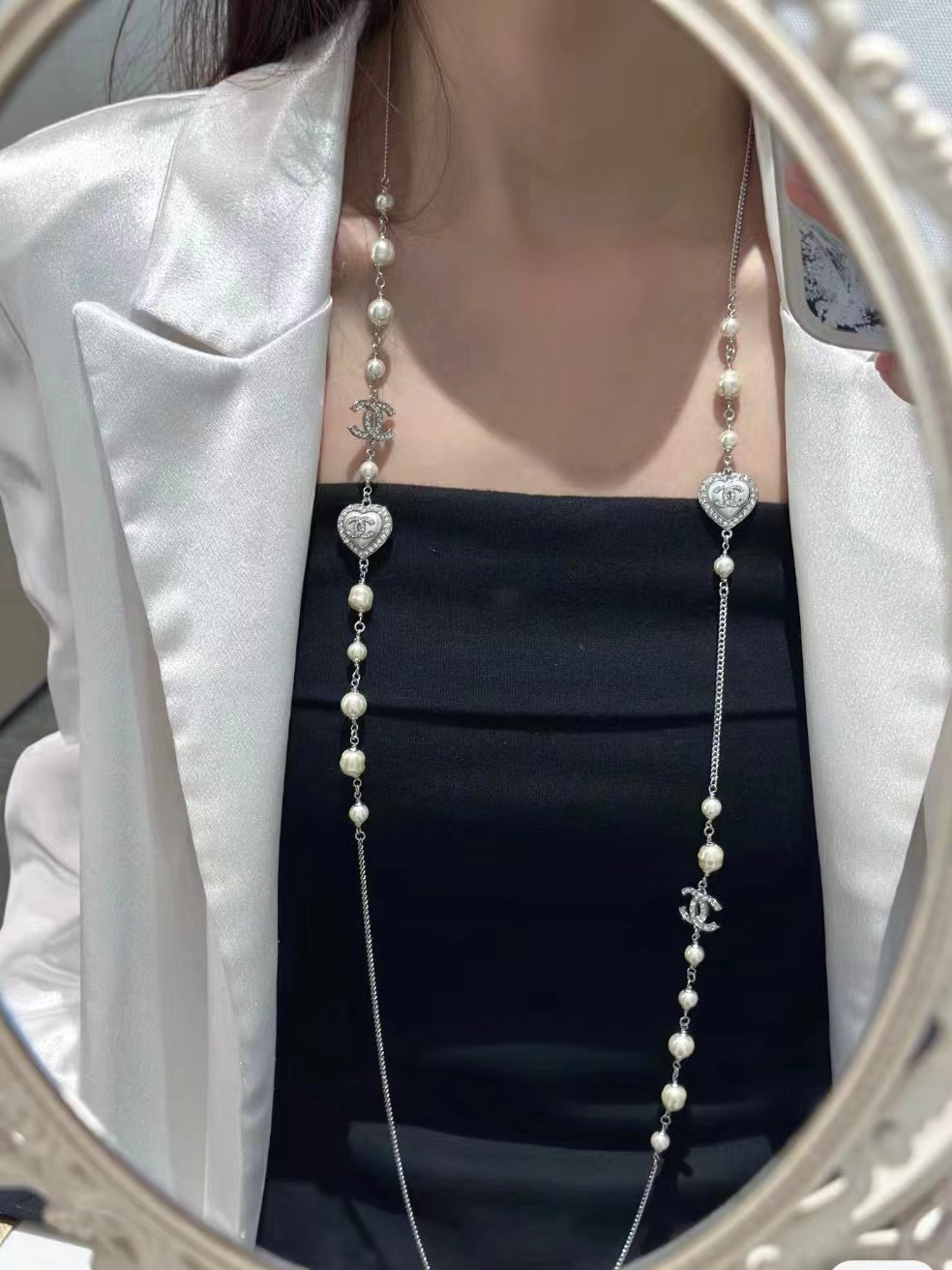 CHANE1 ハートセット ダイヤモンド パール セーター チェーン【50％割引+送料無料】