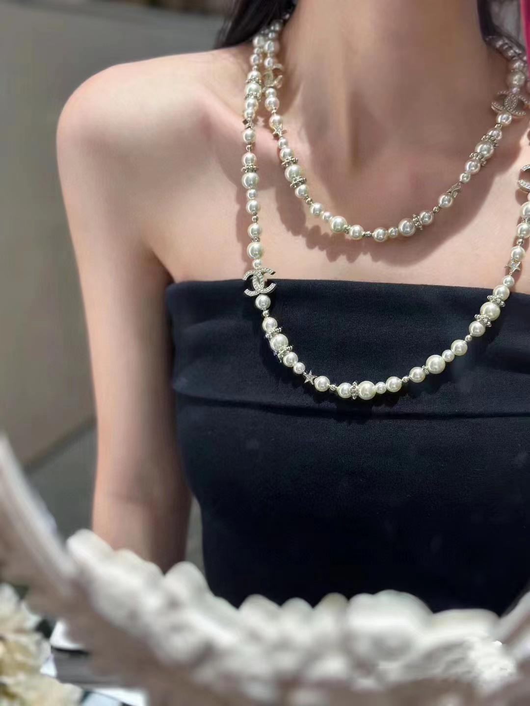 CHANE1 フル ダイヤモンド ダブル C パール セーター チェーン【50％割引+送料無料】