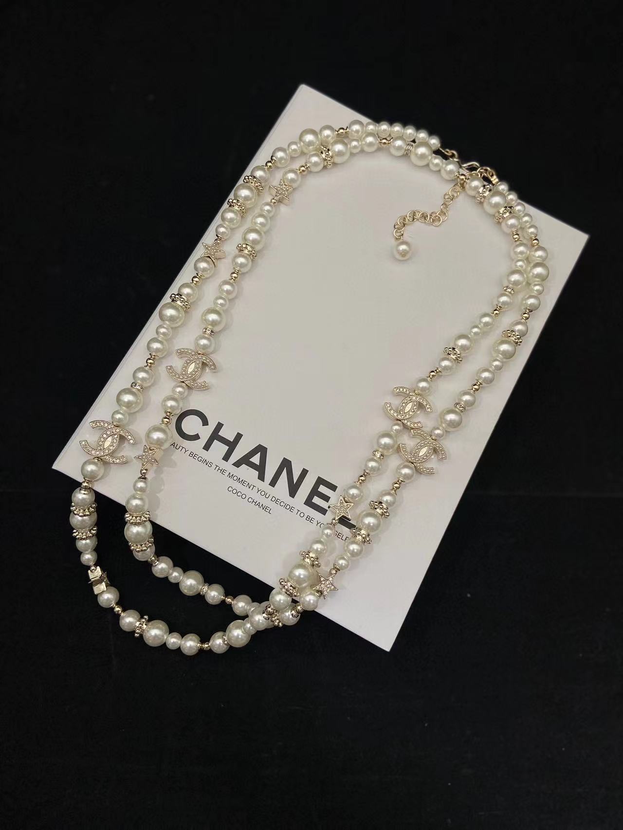 CHANE1 フル ダイヤモンド ダブル C パール セーター チェーン【50％割引+送料無料】