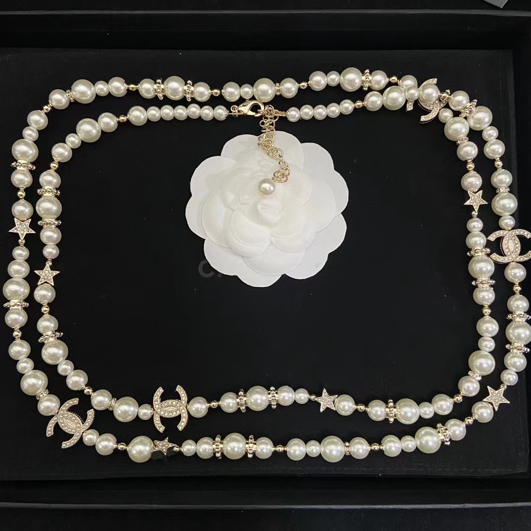 CHANE1 フル ダイヤモンド ダブル C パール セーター チェーン【50％割引+送料無料】