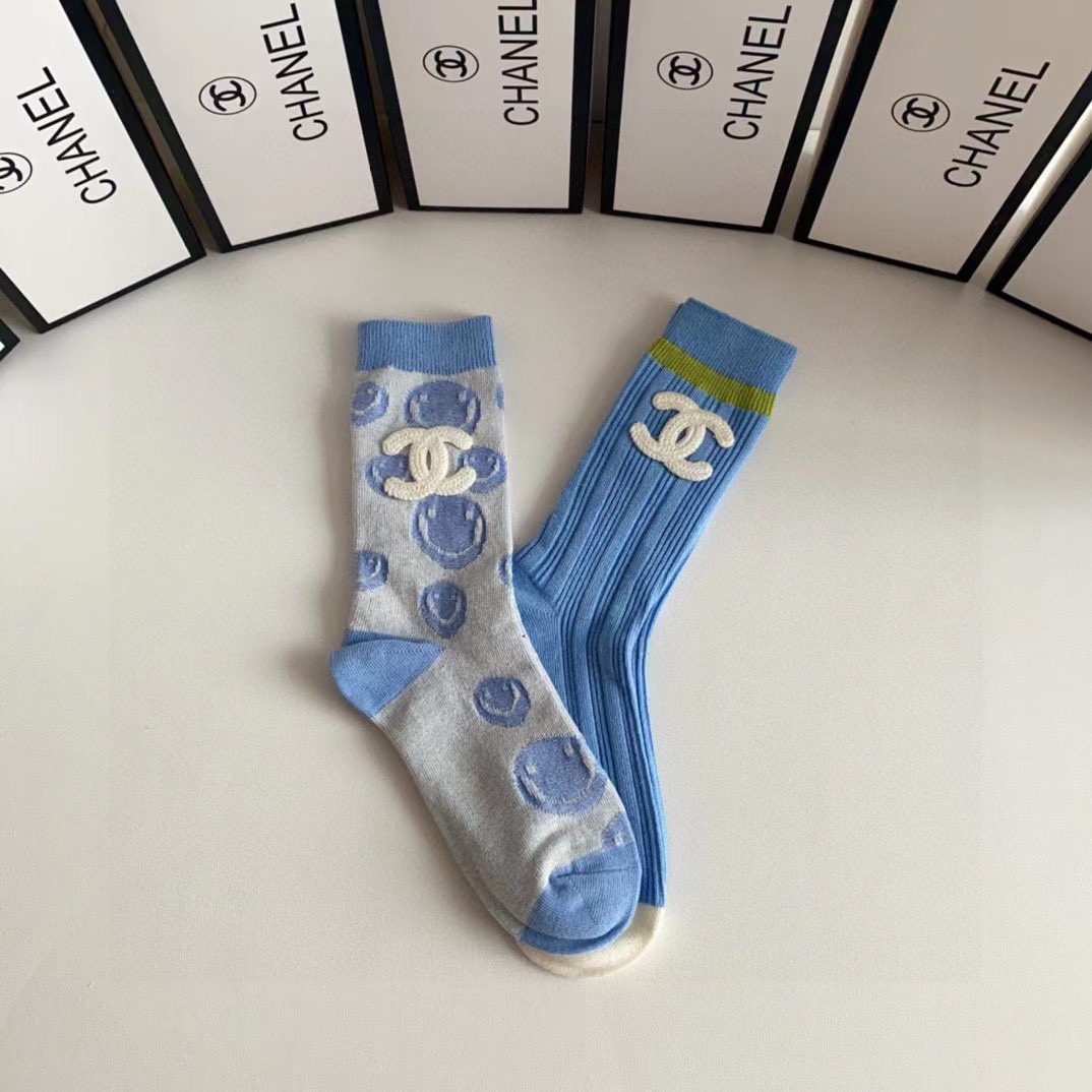 CHANE1 ブルー ダブル C ロゴ ソックス【50％割引+送料無料】