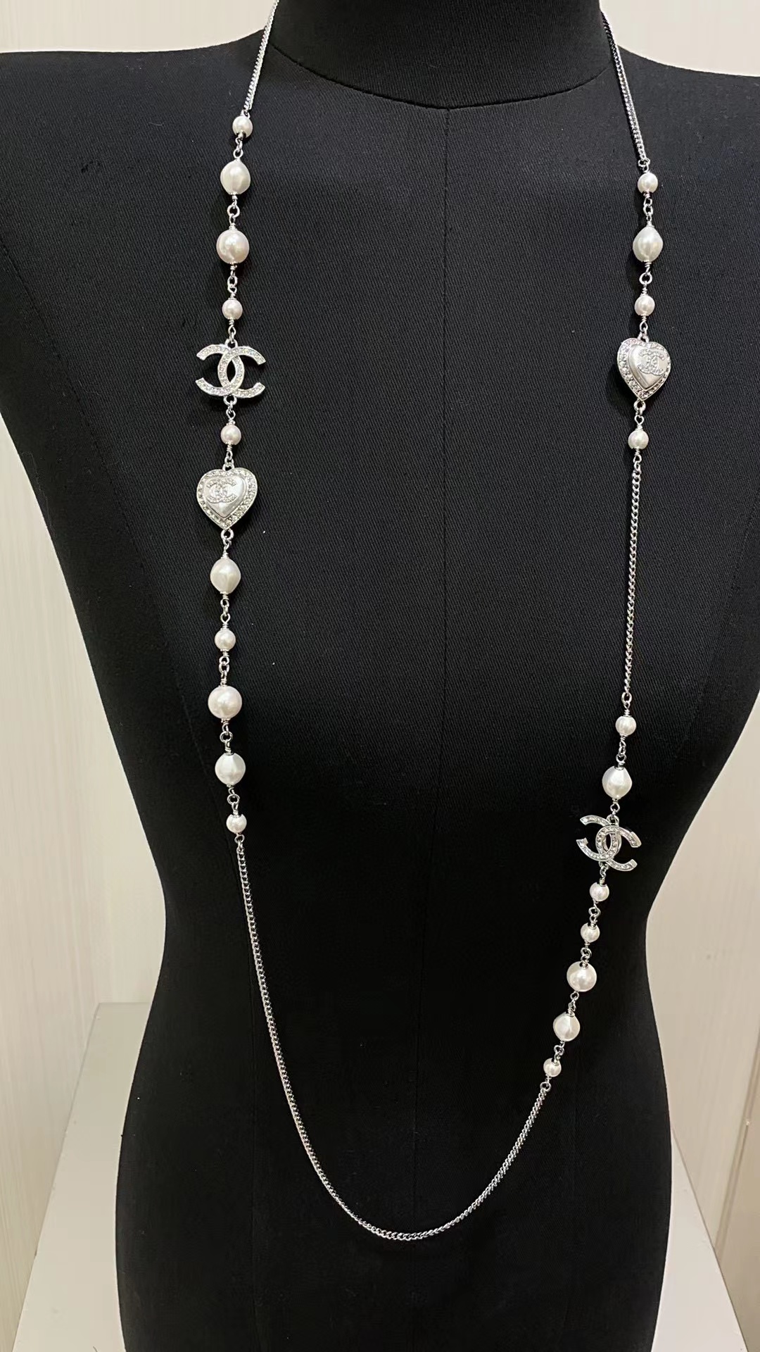 CHANE1 ホワイトピーチハートフルダイヤモンドダブルCセーターチェーン【50％割引+送料無料】