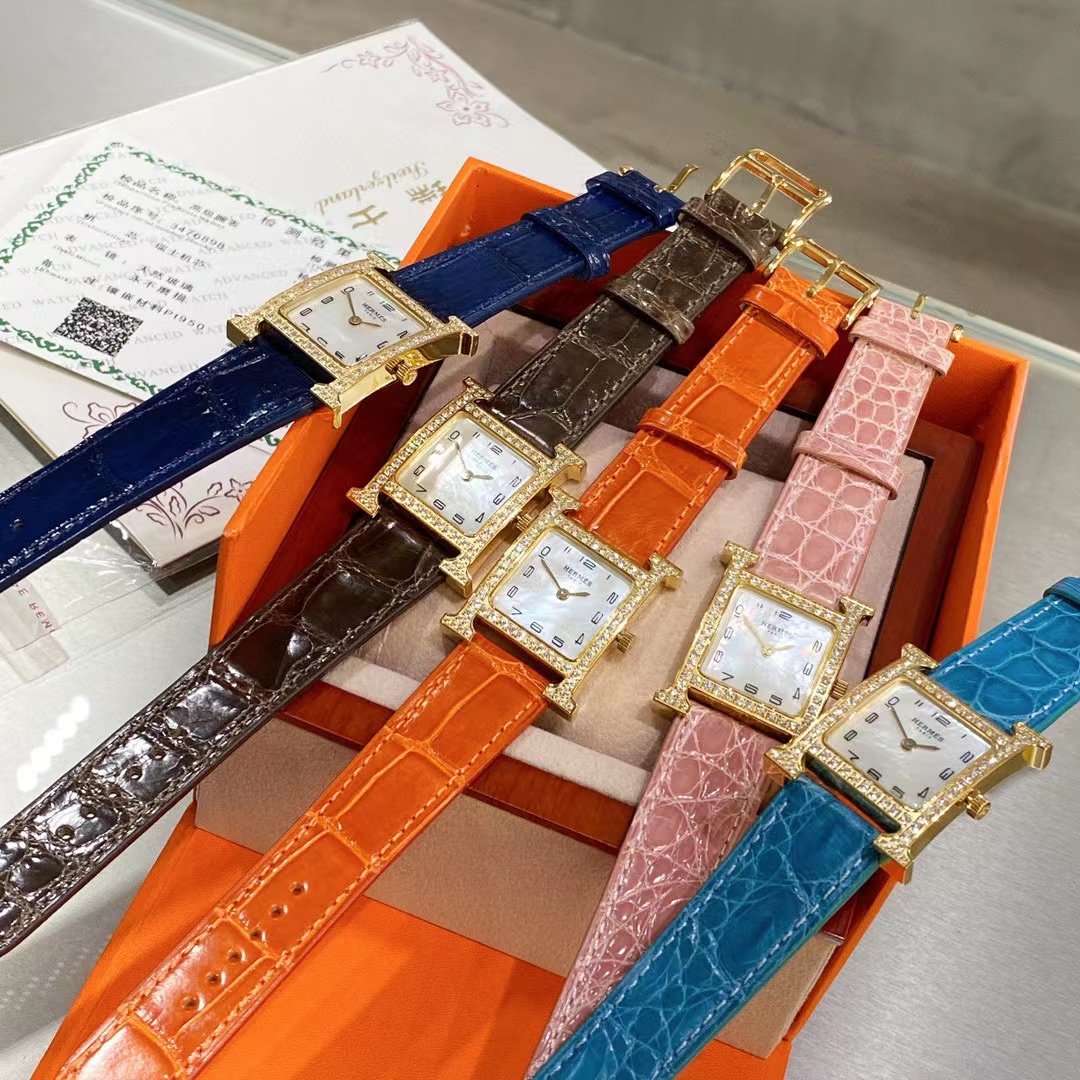HERME5 高品質ダイヤモンド スクエア アリゲーター レザー レディース 腕時計【50％割引+送料無料】