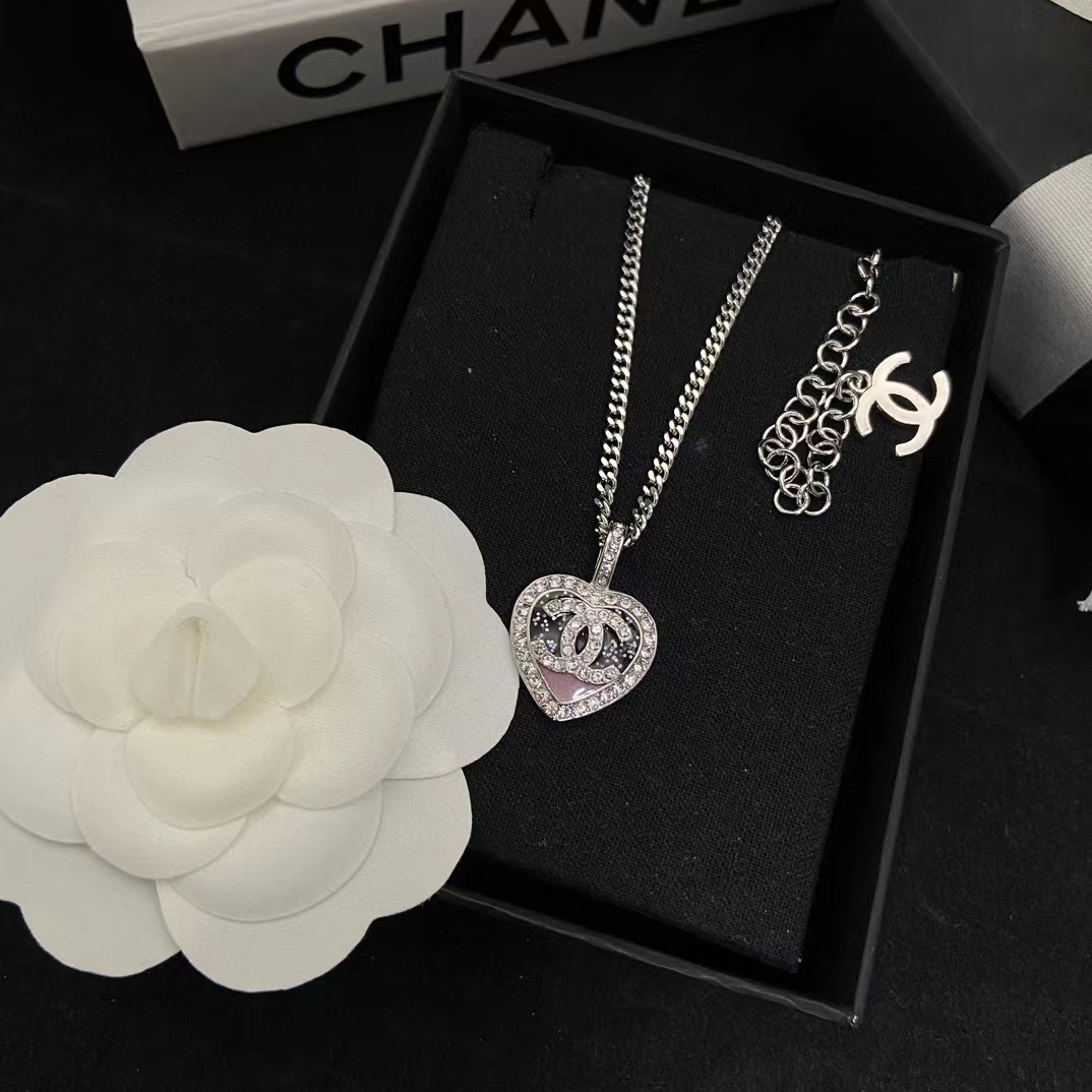 CHANE1 ピンクとブラックのカラー ダイヤモンド ハート ネックレス【50％割引+送料無料】