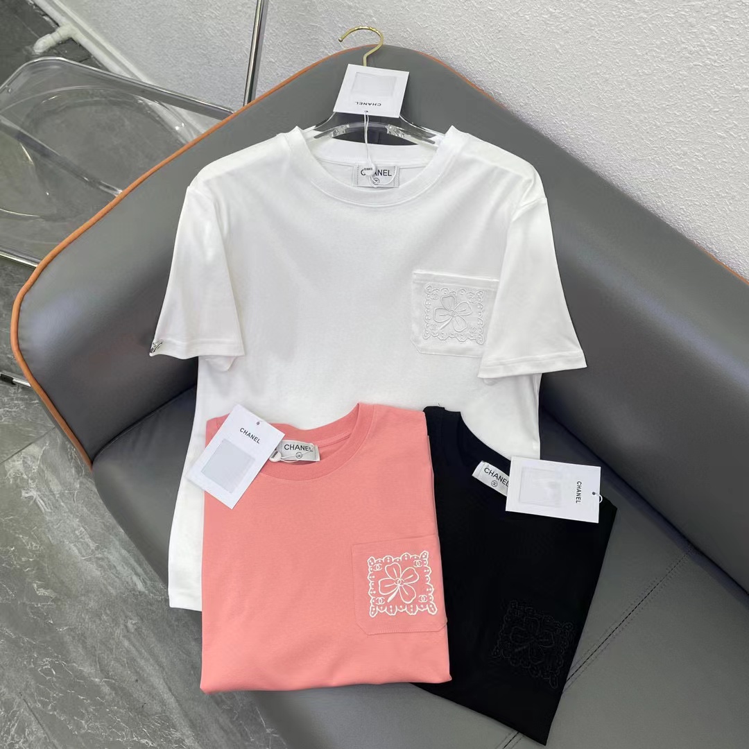 CHANE1 シンプルポケット刺繍ロゴレターTシャツ【50％割引+送料無料】