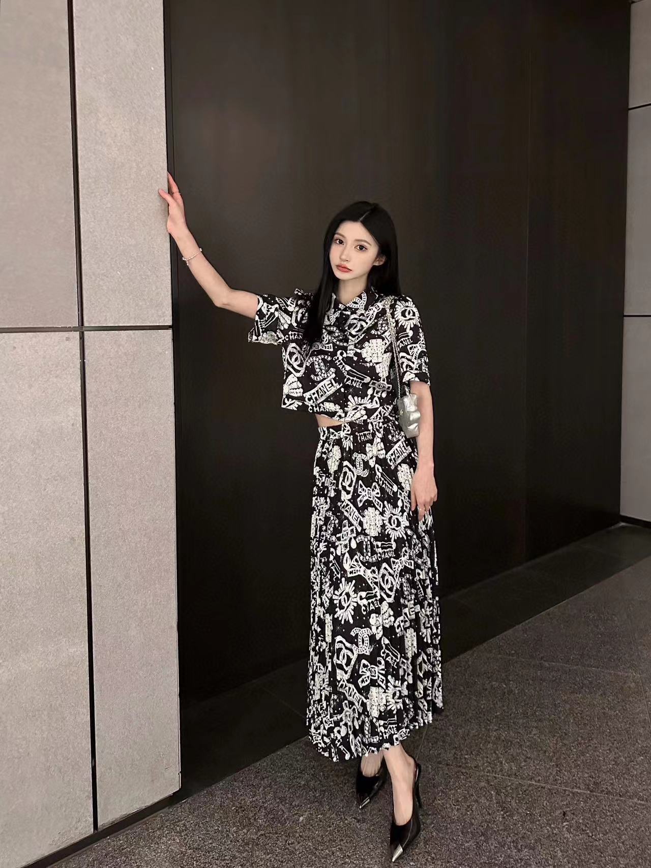 CHANE1 プリントシャツ+スカート 2点セット【 50％割引+送料無料】