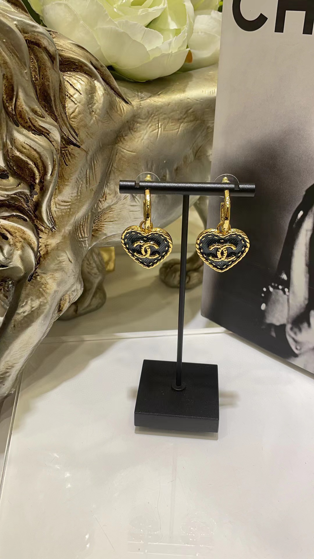 CHANE1 ブルー ダブル C ピーチ ハート イヤリング【 50％割引+送料無料】