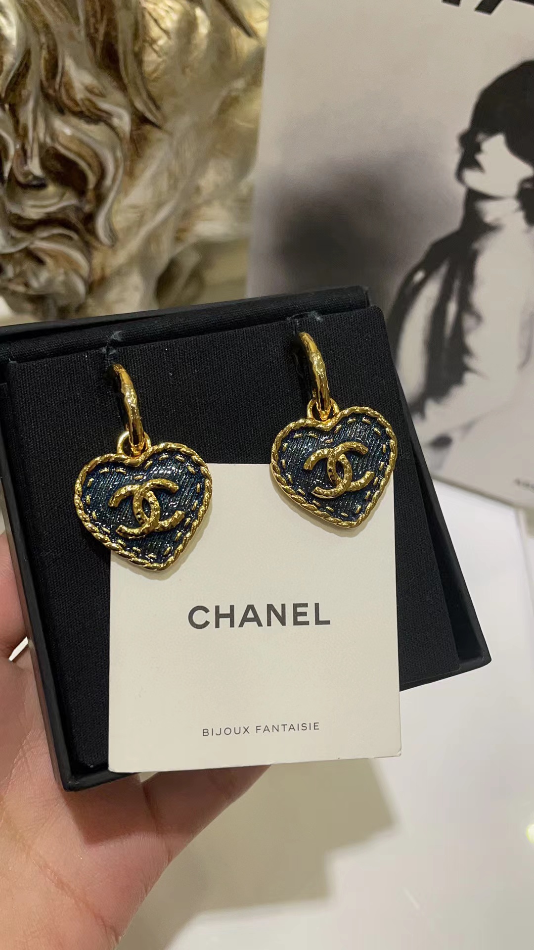 CHANE1 ブルー ダブル C ピーチ ハート イヤリング【 50％割引+送料無料】