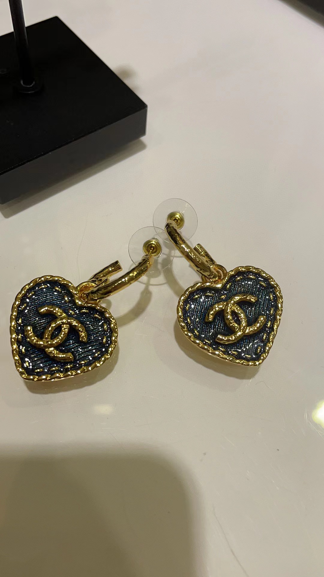 CHANE1 ブルー ダブル C ピーチ ハート イヤリング【 50％割引+送料無料】