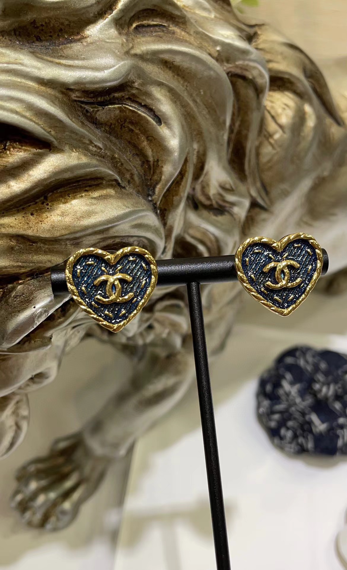 CHANE1 ブルー ダブル C ハート スタッド ピアス【 50％割引+送料無料】