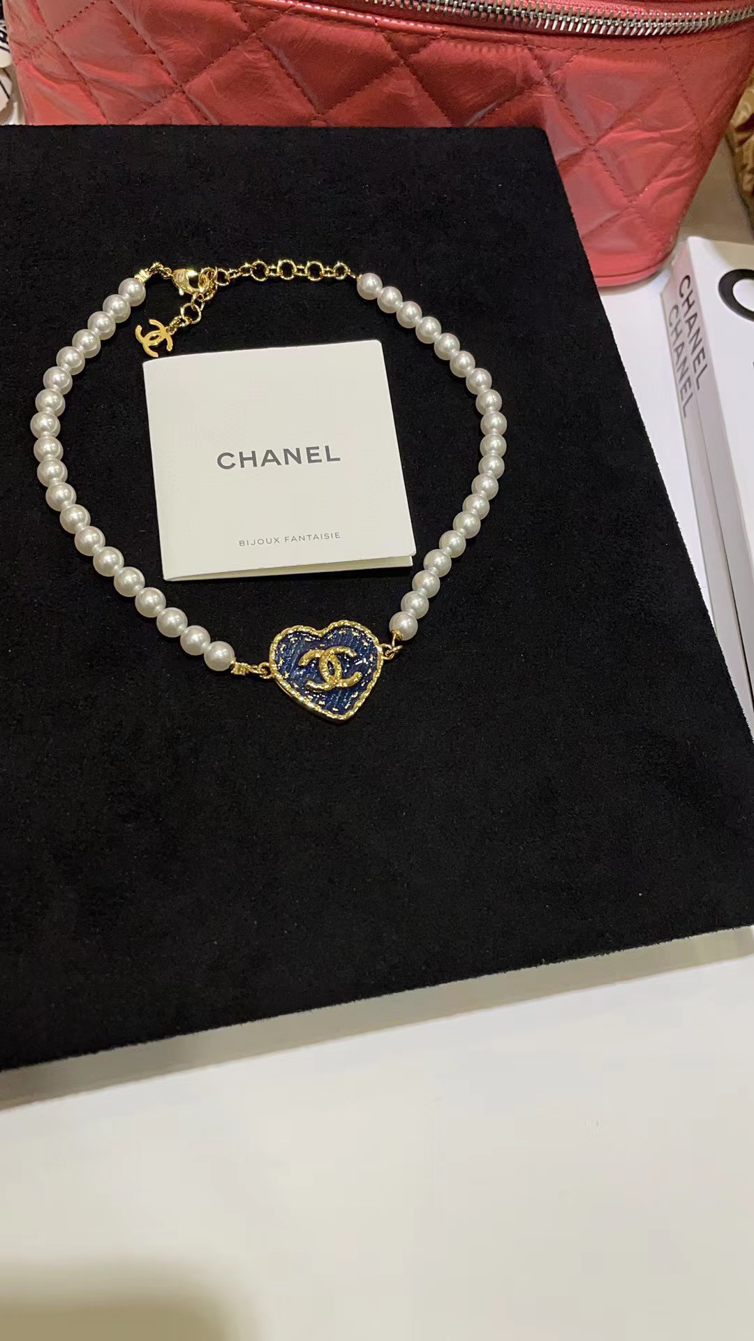 CHANE1 ブルー ダブル C ハート パール ネックレス【 50％割引+送料無料】