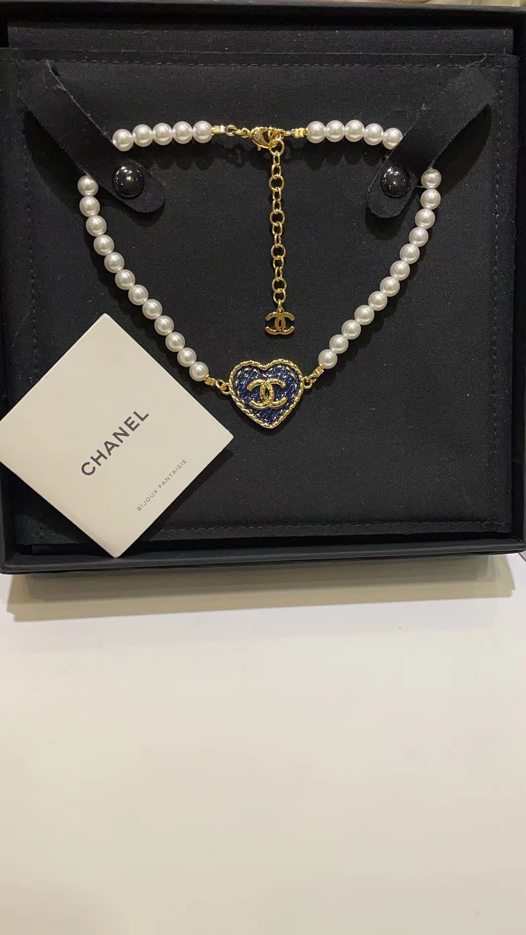 CHANE1 ブルー ダブル C ハート パール ネックレス【 50％割引+送料無料】