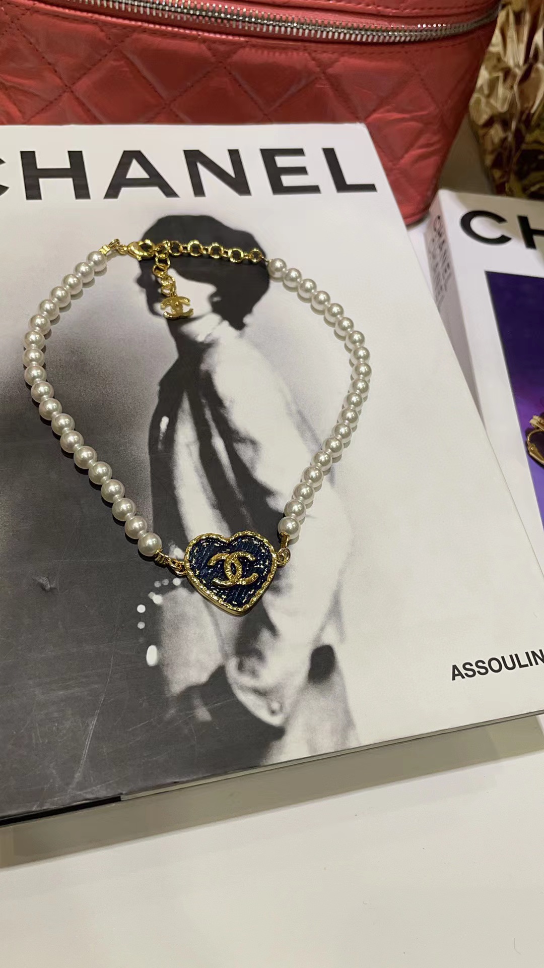 CHANE1 ブルー ダブル C ハート パール ネックレス【 50％割引+送料無料】