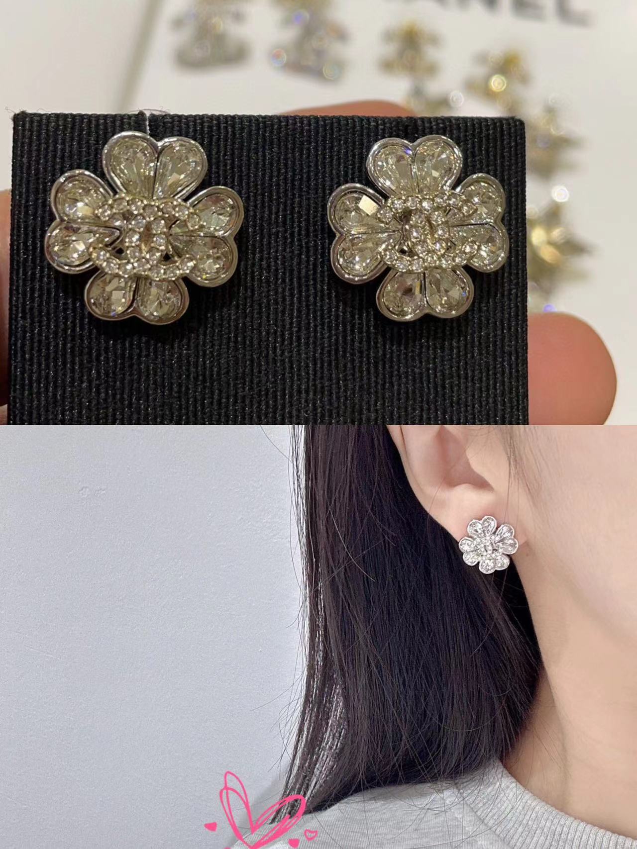 CHANE1 フルダイヤモンド ダブルC 四つ葉のクローバー ピアス【 50％割引+送料無料】